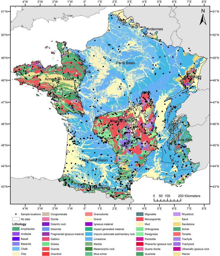 Surface geologic map of France
