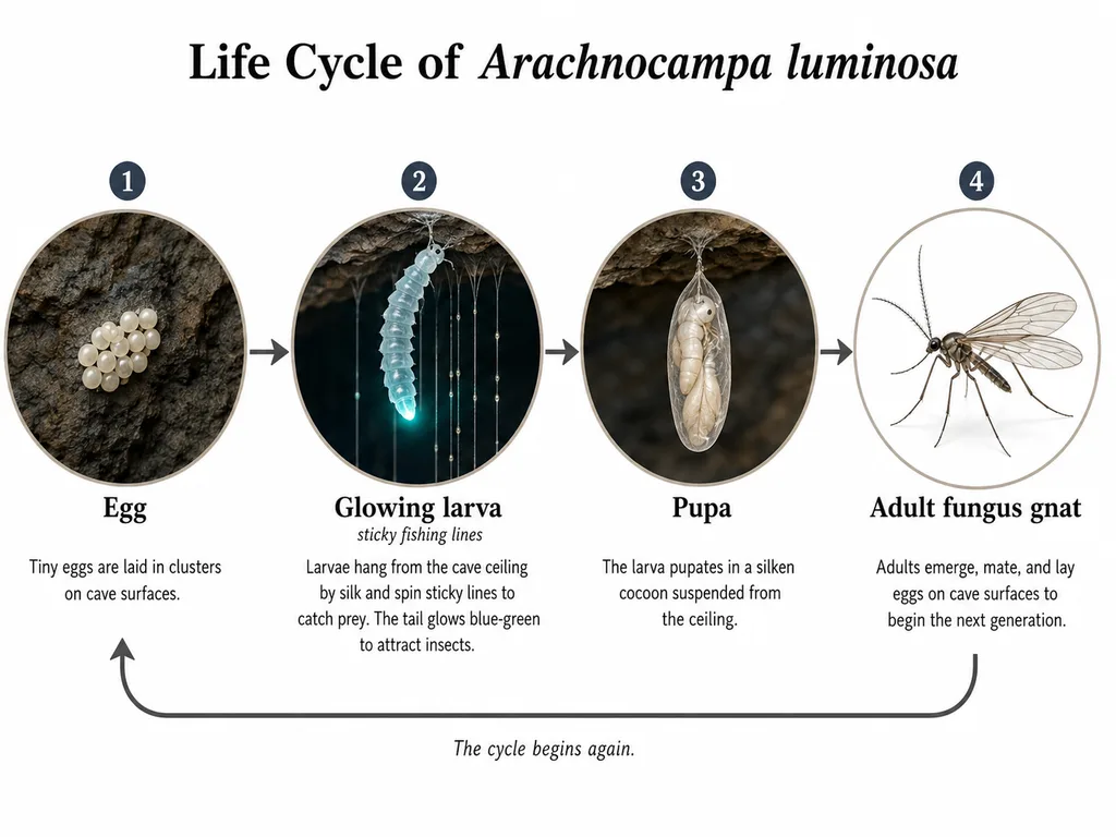Life cycle of Arachnocampa luminosa showing egg, glowing larva, pupa and adult fungus gnat