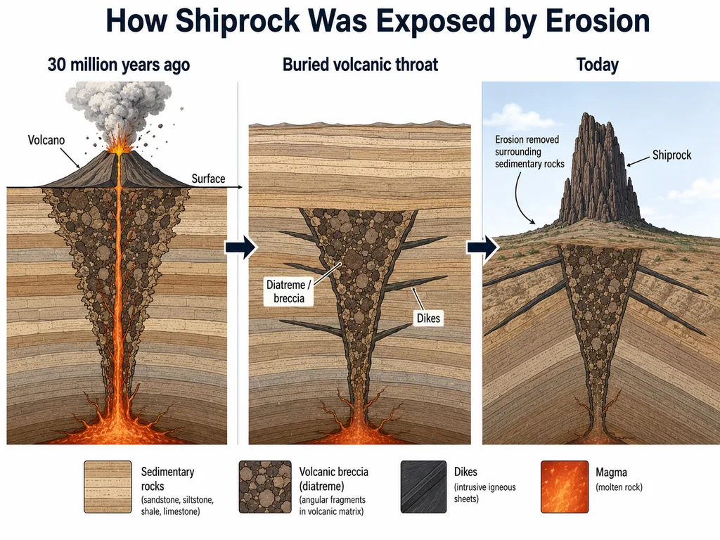 Diagram showing how erosion exposed the ancient volcanic neck of Shiprock