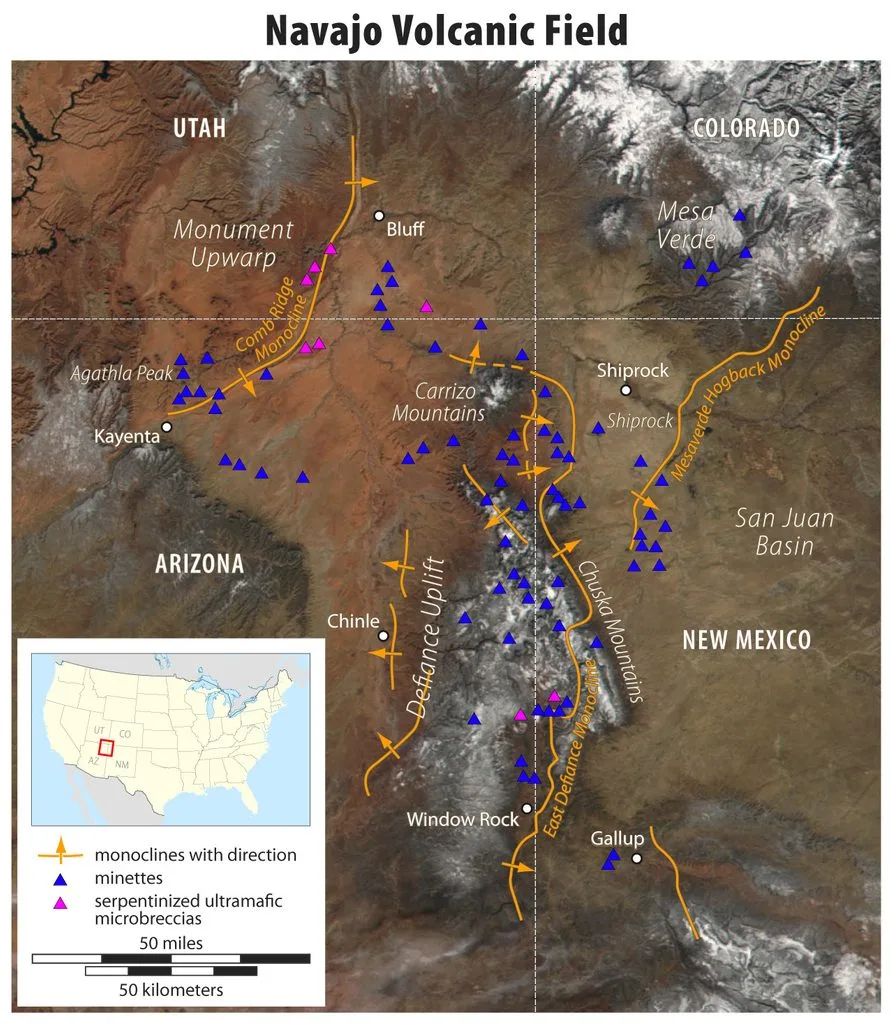 Map of the Navajo Volcanic Field showing Shiprock in New Mexico