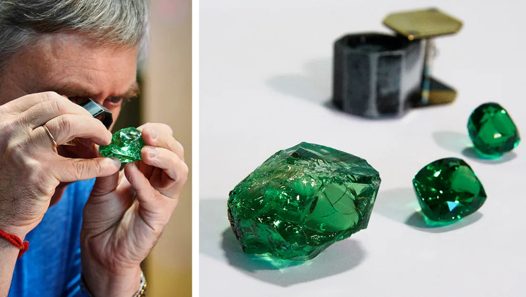 Tuzlukov examines the rough tsavorite. Right: Another view of the rough, with the 58.52 ct cushion cut and 31.57 ct square cushion cut. Photos by Duncan Pay.