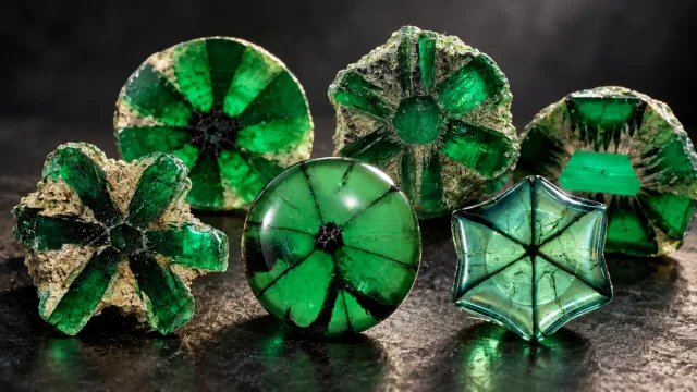 Trapiche emeralds showing their remarkable natural six-rayed internal pattern, one of the rarest growth structures in the gemstone world.