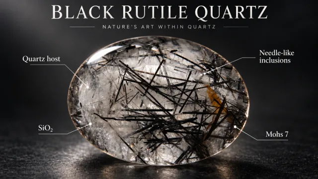 Black rutile quartz showing dense, needle-like inclusions enclosed within a clear quartz host.