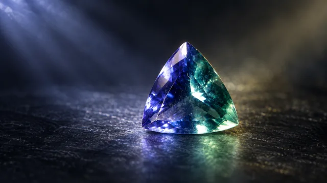 Color-change fluorite showing a dramatic shift between cool blue and green tones under changing light conditions.