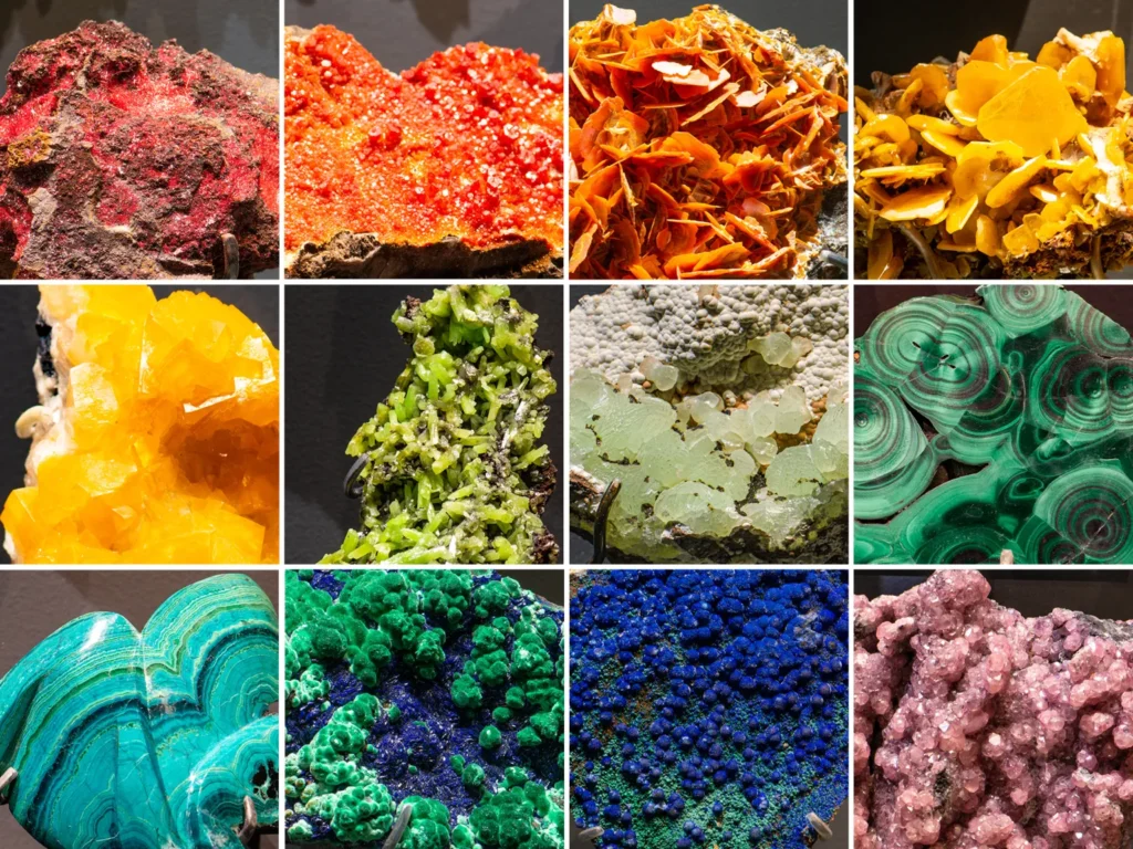 Color variations in natural minerals caused by trace elements, crystal defects, and light–electron interactions.