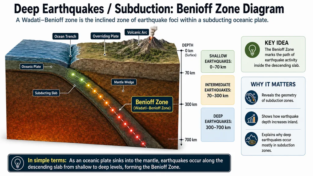 Benioff Zone diagram showing shallow, intermediate, and deep earthquakes along a subducting oceanic plate beneath an overriding plate