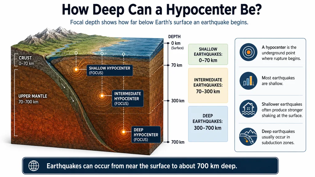 Focal depth diagram showing shallow, intermediate, and deep earthquake hypocenters from the surface to about 700 km depth