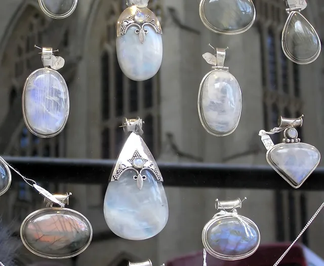 Moonstone cabochons displaying a soft blue adularescent sheen