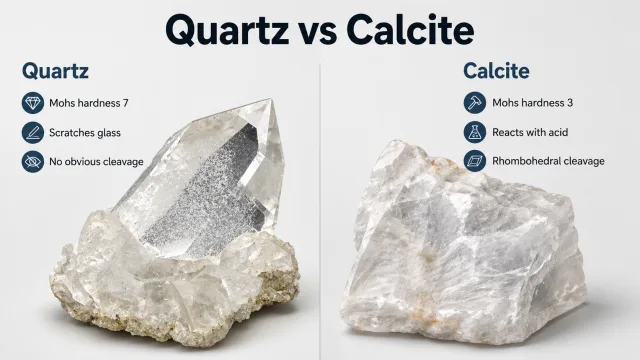 Quartz vs calcite comparison showing differences in hardness cleavage and acid reaction