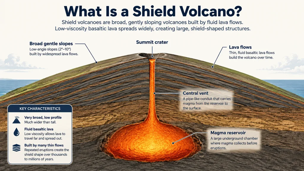 Shield volcano diagram showing broad gentle slopes and internal volcanic structure