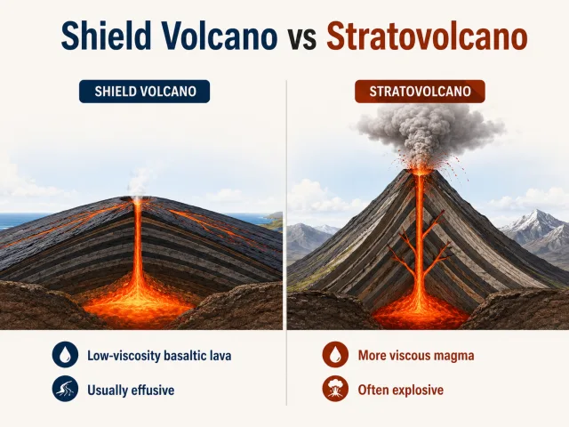Shield volcano vs stratovolcano diagram comparing shape magma viscosity and eruption style