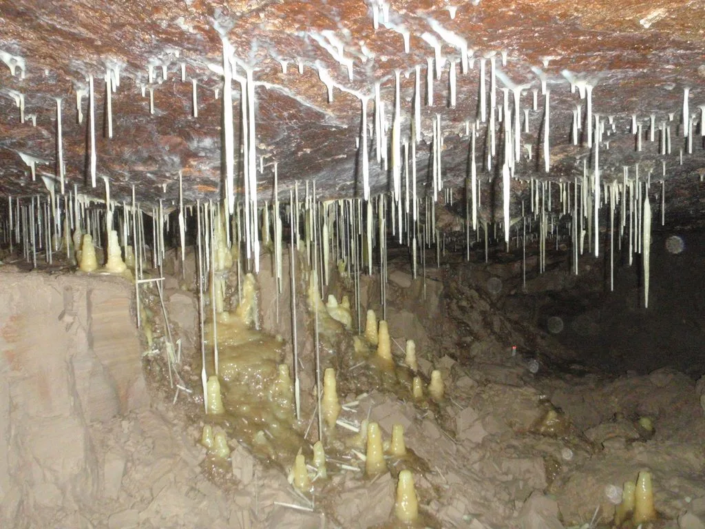 Stalactites hanging from a cave ceiling above stalagmites growing from the floor