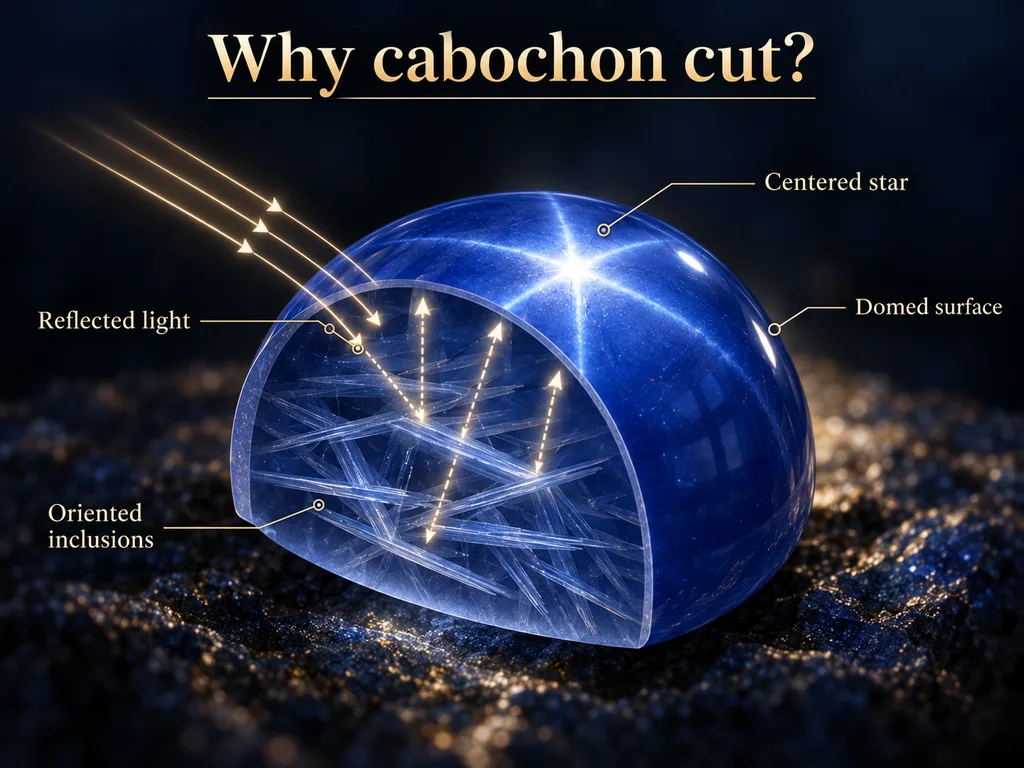 A domed cabochon concentrates reflections from oriented inclusions, allowing the star to appear centered and clearly defined.