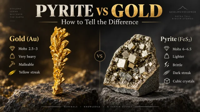 Gold and pyrite can look similar, but hardness, streak, density, malleability, and crystal shape make them easy to distinguish.