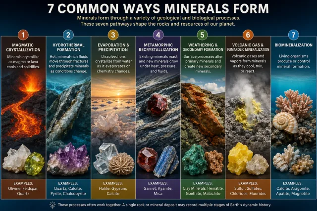 Seven common ways minerals form through magmatic crystallization hydrothermal fluids evaporation metamorphism weathering volcanic gases and biomineralization