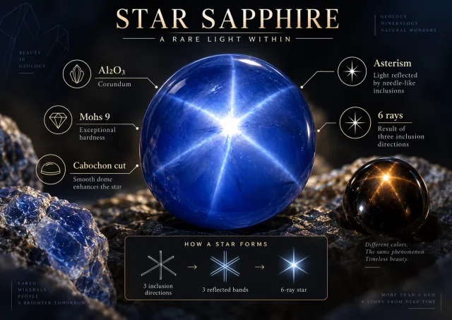 Star sapphire showing six-rayed asterism produced by crystallographically oriented microscopic inclusions inside corundum.