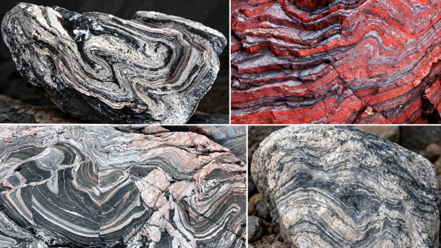 Collage of naturally striped and banded rocks, including gneiss, migmatite, and banded iron formation, showing folded mineral layers and colorful geological patterns.