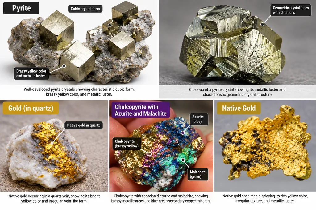 Comparison of pyrite, native gold, gold in quartz, and chalcopyrite associated with azurite and malachite, highlighting their characteristic colors, crystal forms, and textures.