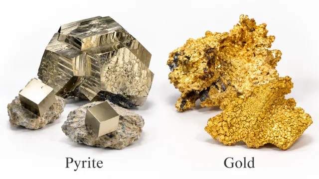 Pyrite and native gold shown side by side, highlighting the contrast between pyrite’s geometric crystal habit and gold’s irregular natural form.